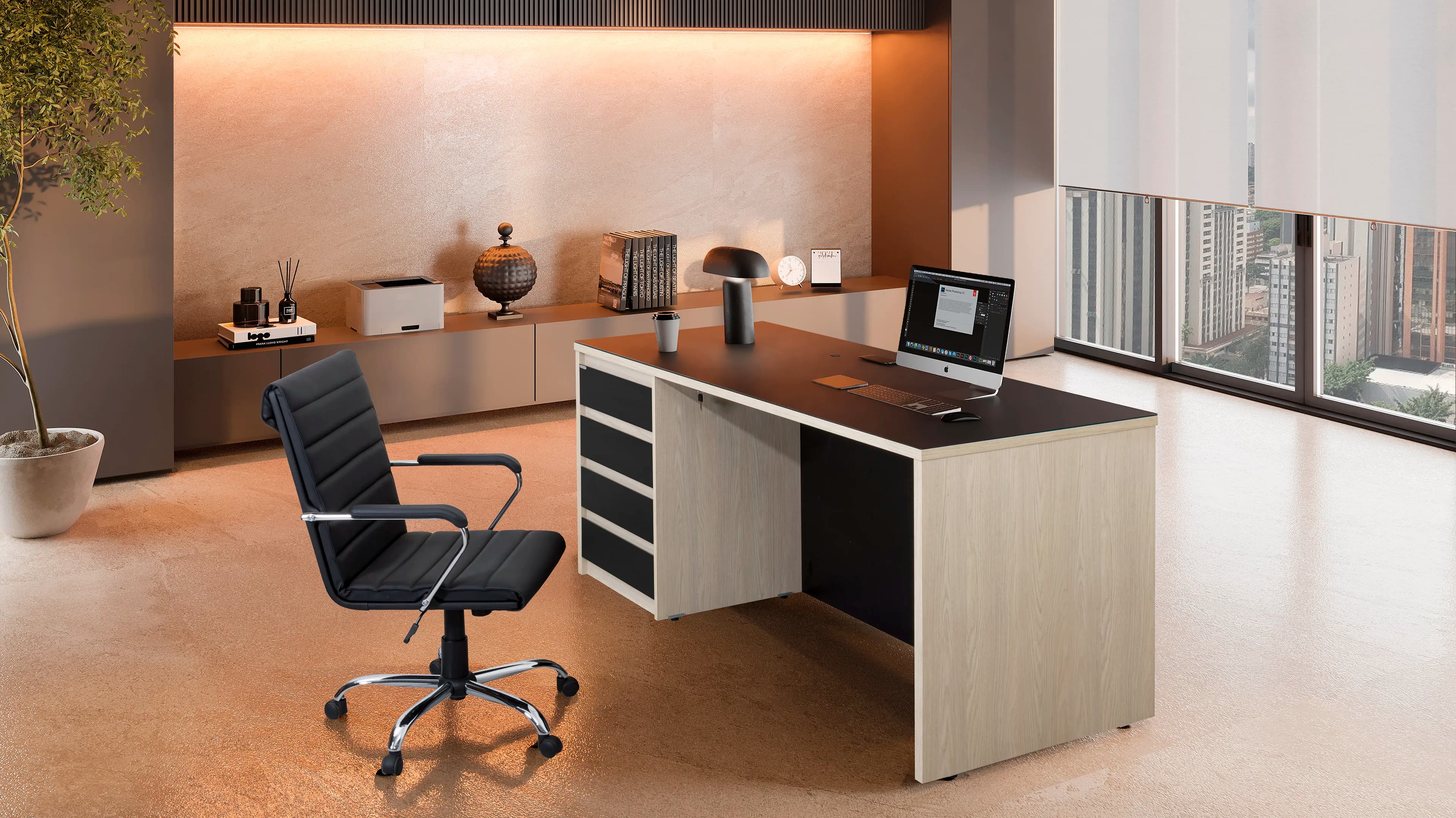 Render 3D de mesa de escritório com cadeira executiva