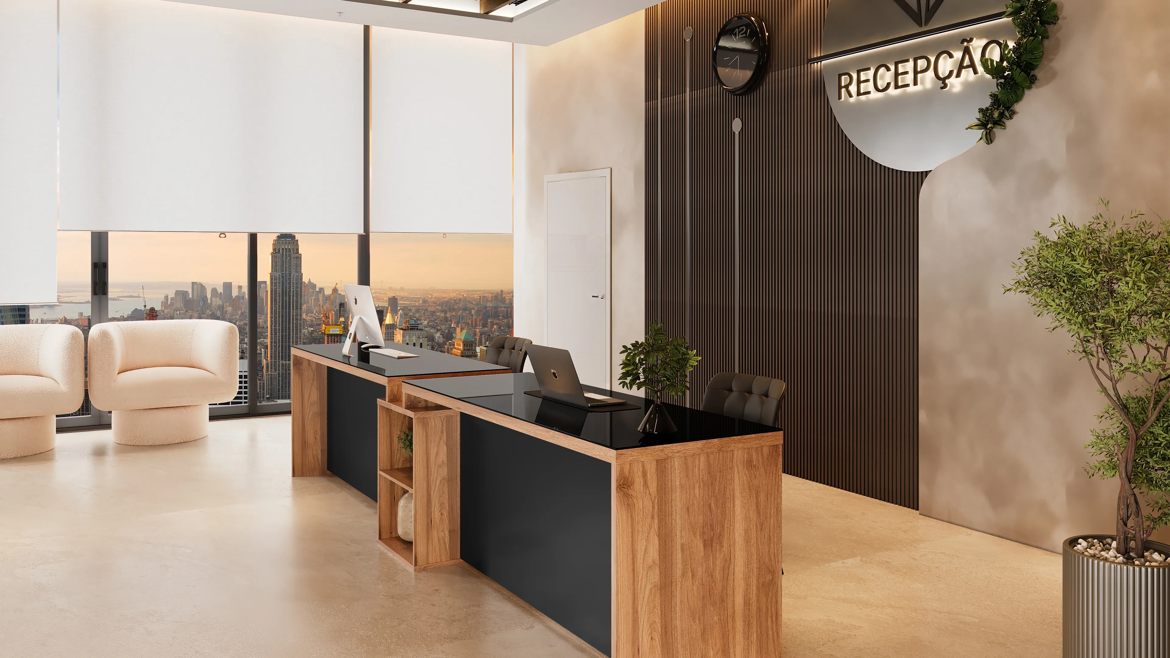 Render 3D de balcão de recepção corporativa