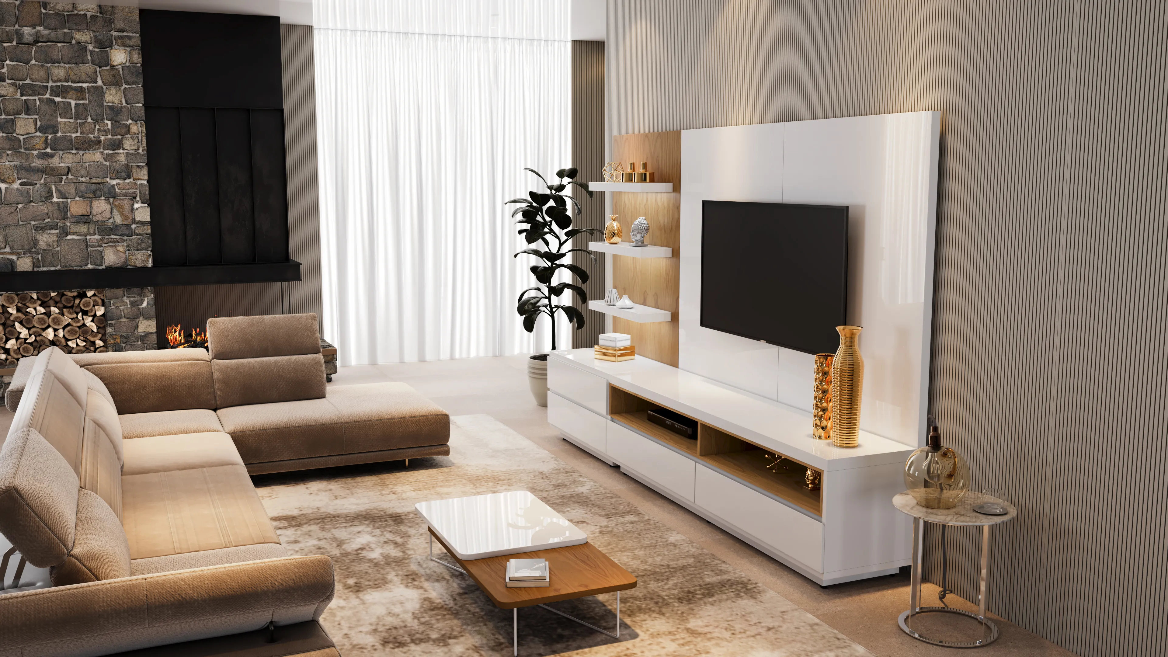 Render 3D de painel de TV e sofá em sala de estar