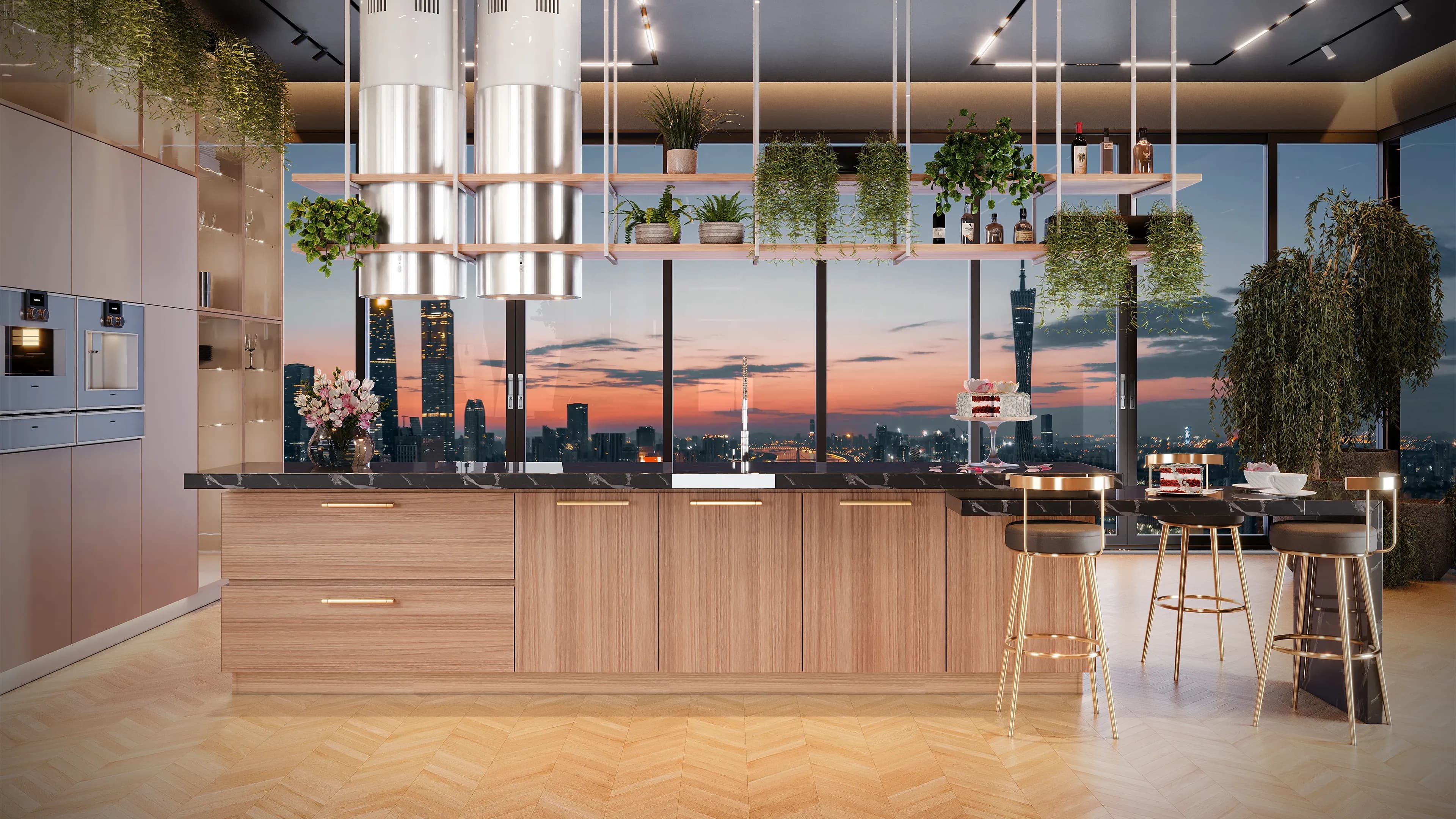 Render 3D de cozinha planejada com bancada e vista panorâmica