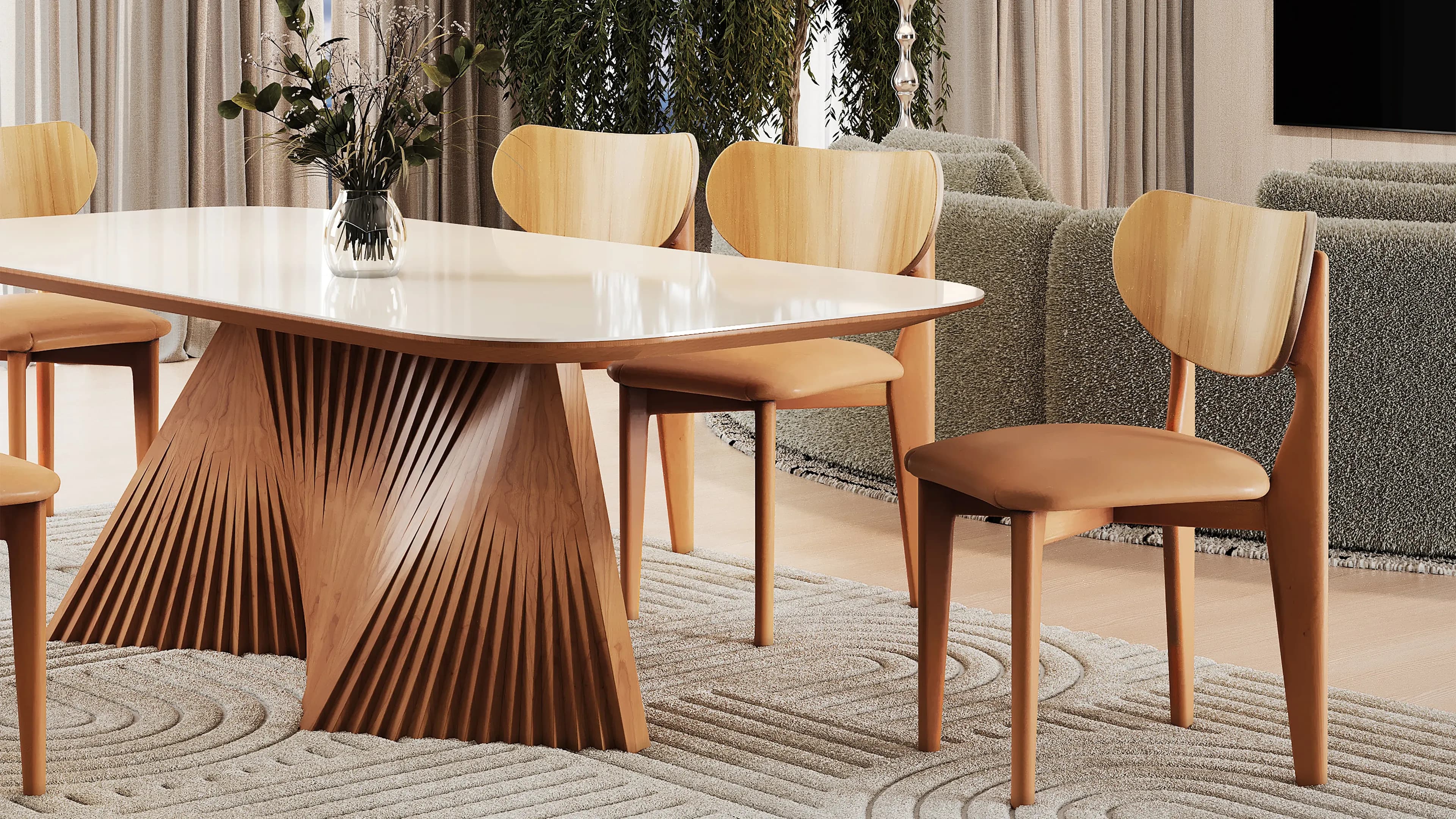 Render 3D de mesa de jantar com base esculpida em madeira e cadeiras