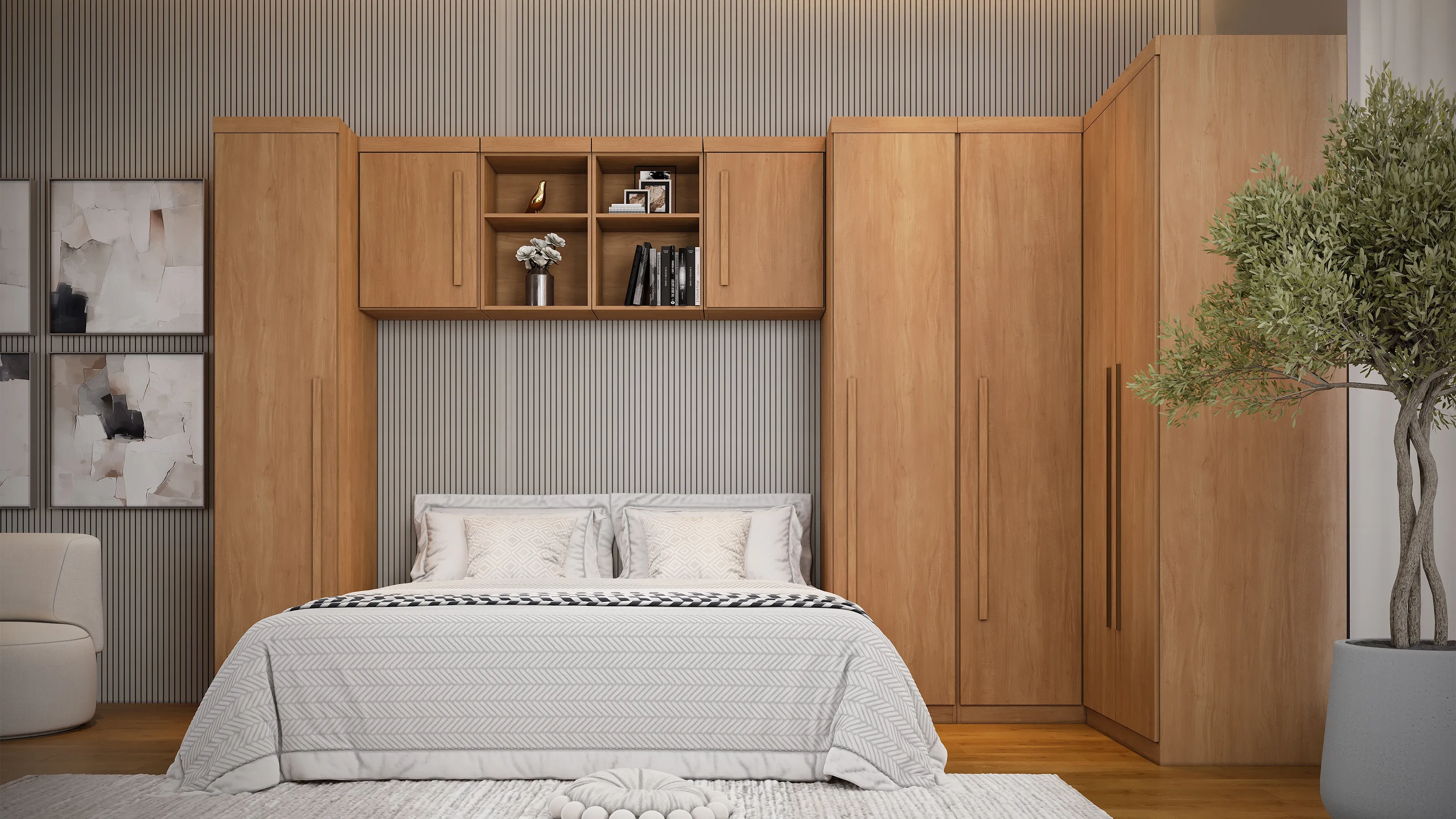 Render 3D de dormitório planejado com guarda-roupa em madeira